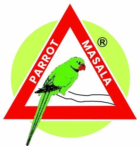 "Parrot Masala logo featuring a bright green parrot with a red beak perched on a branch. The parrot is positioned within a red triangle with white borders, set against a light green circular background. The words 'PARROT' and 'MASALA' are written in white